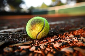 Poster - A tennis ball sits alone on an empty tennis court