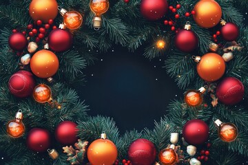 Poster - A festive Christmas decoration featuring a wreath made of ornaments on a dark background, perfect for holiday-themed designs and layouts