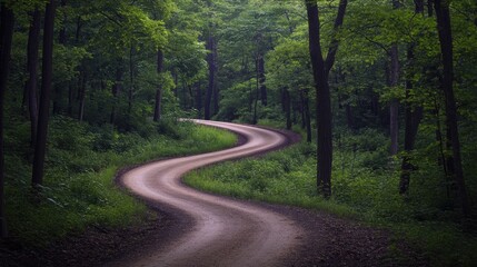 Poster - A dirt road winding through dense forest foliage