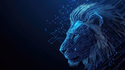 Poster - Digital lion profile, glowing lines, technology.