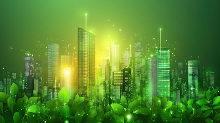 Poster - Green city skyline with glowing buildings and leaves.