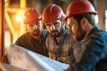 Poster - A group of men in hard hats examining blueprints, possibly discussing construction or engineering projects