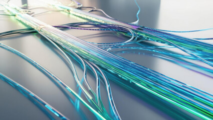 Poster - Glowing fiber optics create fluid digital connections in futuristic tech network, showcasing innovation and abstract themes