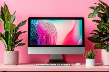 Poster - A desktop computer sits on top of a pink desk