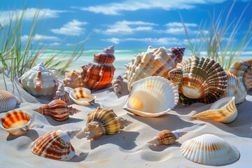 Poster - A collection of seashells scattered on a sandy beach, perfect for travel or nature-themed projects
