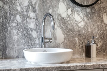Fototapete - A bathroom sink sits under a mirror in a typical setup