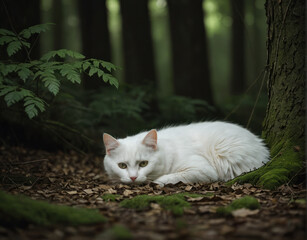 Fototapete - White cat in peaceful woodland animal photography with blank space for message