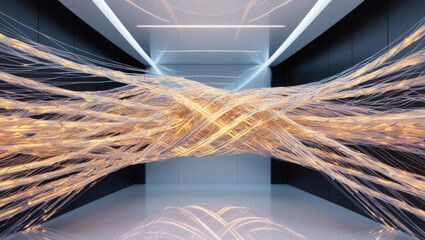 Poster - quantum data flow, fiber optic threads create abstract glowing patterns in futuristic tech art setti