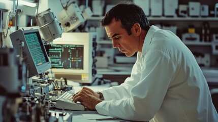 Poster - a scientist works on a computer in a laboratory setting