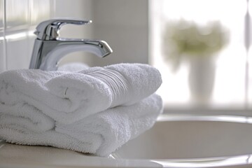 Poster - A stack of white towels sits on the edge of a bathroom sink, awaiting use