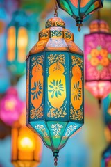 Poster - A collection of vibrant lanterns suspended from the ceiling, perfect for festivals, parties or decorative purposes