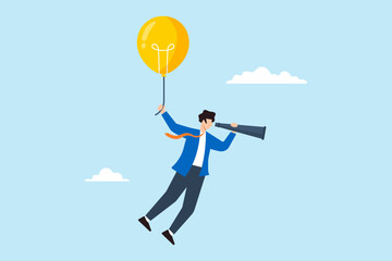 Poster - Flat illustration of businessman fly with lightbulb balloons looking telescope visionary ideas searching success finding solution