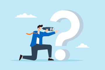 Poster - Flat illustration of curious businessman with large question mark peer through binocular searching for new business ideas