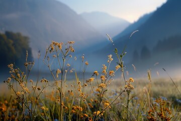 Poster - A picturesque scene of wildflowers growing in a meadow with mountains in the background, perfect for nature and outdoor-themed projects