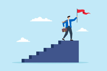 Poster - Flat illustration of successful businessman hold winning flag on top of staircase symbolizing step to achievement