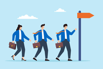 Poster - Flat illustration of business people walk in right direction toward signpost symbolizing guidance toward career success