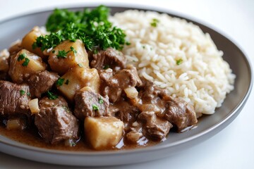 Aufkleber - A dish of cooked rice and meat, served together on a plate