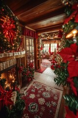 Aufkleber - Cozy Christmas living room with decorations and fireplace, perfect for holiday season or winter theme