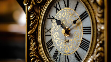 Poster - Detailed view of a clock face with Roman numeral hour markers, suitable for use in time-themed designs or historical contexts