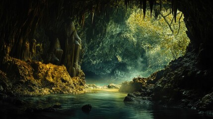Poster - A serene underwater scene with a cave entrance surrounded by lush greenery