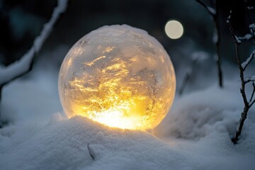 Poster - A snow globe sits on top of a snowy ground, with a winter wonderland scene inside