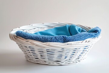 Poster - A white basket filled with a blue towel, perfect for use in home decor or still life photography