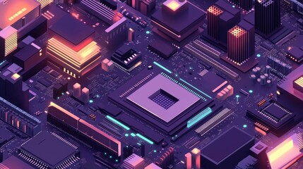 Poster - Isometric illustration of a computer motherboard with CPU and components.
