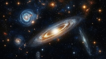 Aufkleber - Spiral galaxies glow in deep cosmos. Stunning cosmic space background. Nebulae swirl in dark space. Stars twinkle. Stunning astral imagery. Science fiction wallpaper. Galaxy clusters. Cosmic panorama.