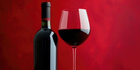 Poster - A glass of red wine next to a bottle of wine on a table