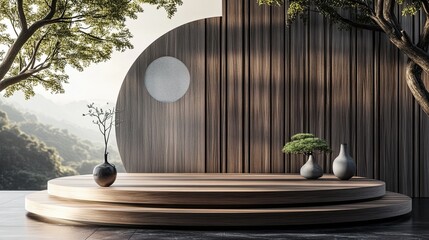 Aufkleber - Exotic decorative modern wooden podium platform for product display with.
