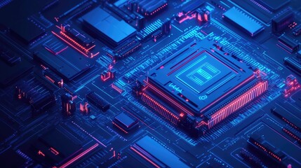 Poster - Close-up of a computer processor on a circuit board, illuminated with blue and pink neon lights.