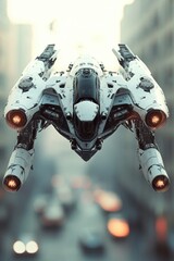 Poster - A futuristic spaceship soaring above a metropolitan area, with towering skyscrapers and bustling streets below