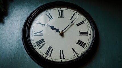 Poster - A decorative clock with Roman numerals on a green wall, perfect for interior design or office decor