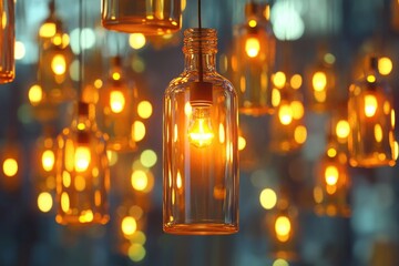 Poster - Indoor lighting arrangement with multiple light fixtures suspended from the ceiling