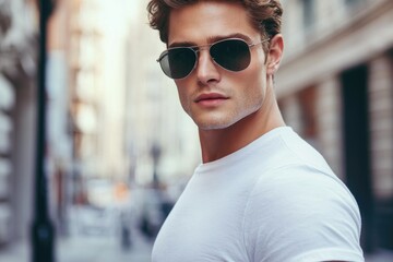 Aufkleber - A person wearing sunglasses walking down the street, great for use in urban or everyday life scenes