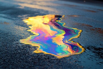 Poster - A puddle of oil sits on the side of a road, awaiting cleanup