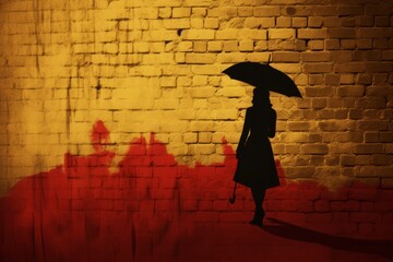Poster - Artistic silhouette of a girl with an umbrella against a light background in deep color shades
