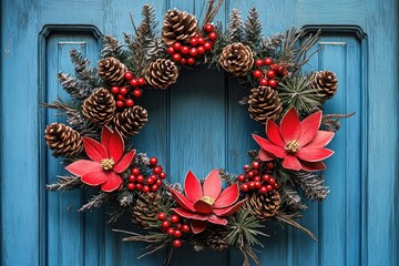 Poster - A festive wreath made of pinecones and poinsettias adorns a blue door