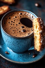 Poster - A simple breakfast setup with a cup of coffee and a biscuit on a saucer, perfect for a cozy morning
