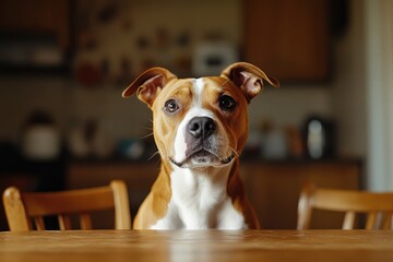 Wall Mural - A brown and white dog sits at a table, looking up with interest