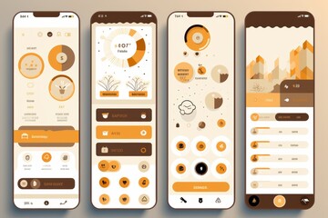 Minimalist mobile app interface featuring orange, beige, and gray with simple icons