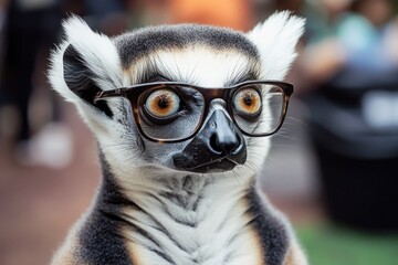 Poster - Close-up view of a lemur's face with glasses, suitable for educational or humorous purposes