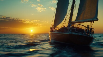 Wall Mural - a sailboat gliding across the calm ocean waters at sunset