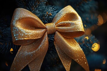 Poster - A golden bow adorns the top of a Christmas tree