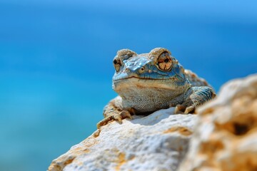 Poster - A close-up shot of a lizard sitting on a rock, its scales and eyes detailed