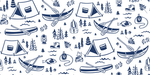 seamless vector repeating pattern in hiking, camping outdoors theme in navy and white. tonal lake li