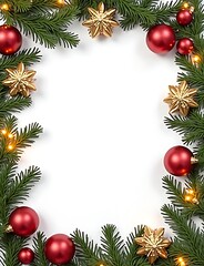 Aufkleber - A festive flat lay featuring a Christmas frame with spruce, red, and gold decorations against a white background, surrounded by new year lights.