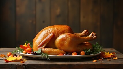 Aufkleber - A golden brown Thanksgiving turkey sits atop a rustic wooden table amidst an inviting atmosphere of empty space.