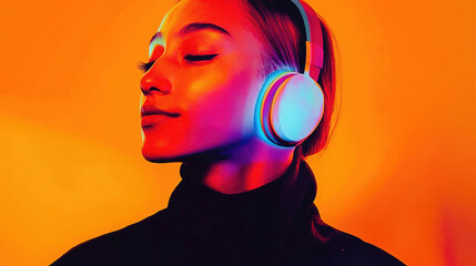Poster - A serene woman in headphones bathed in an orange glow, showcasing tranquility in a captivating digital artwork style.