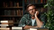 ©  Shomixer - A bearded man wearing glasses sits in a library surrounded by books, wearing a green plaid shirt, appearing thoughtful and embracing intellectual curiosity.